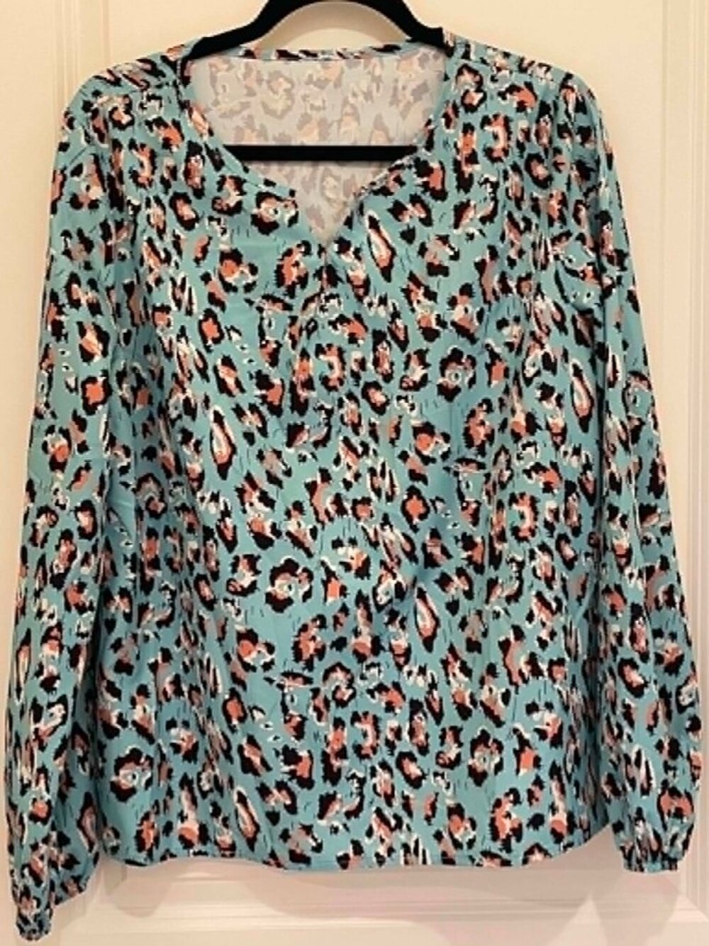 Women’s Teal Long Sleeve Animal Print Blouse, Size L